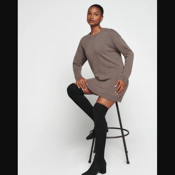 Reformation 100% Cashmere Henrietta Mini Sweater Dress Oatmeal Brown Size Medium - Picture 3 of 8